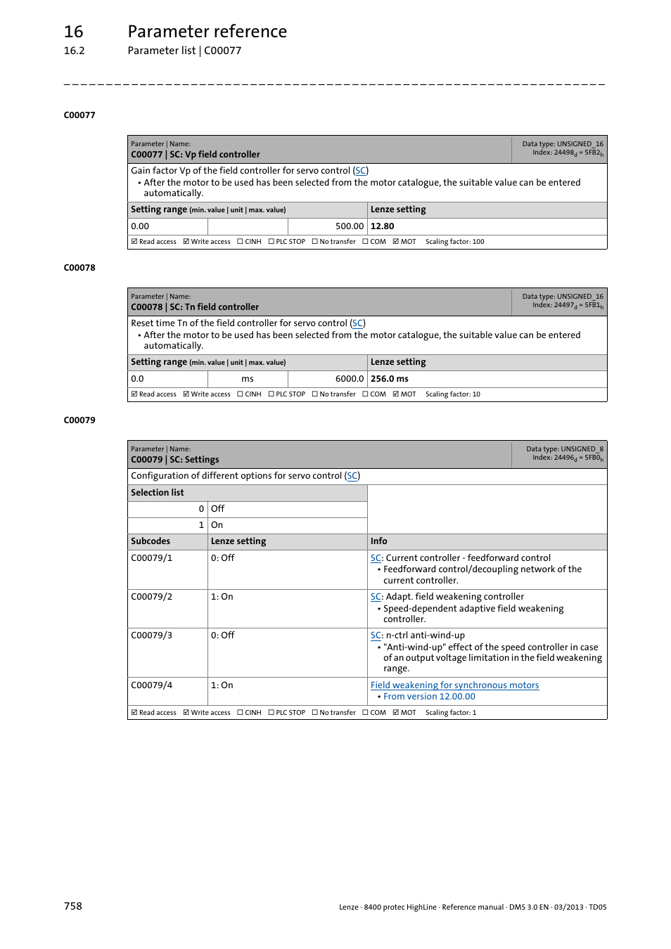 C00077 | sc: vp field controller, C00078 | sc: tn field controller, C00079 | sc: settings | C00077, C00078, Controller feedforward control, C00079/1, C00079/4, Tive, Of the fie | Lenze 8400 User Manual | Page 758 / 1494