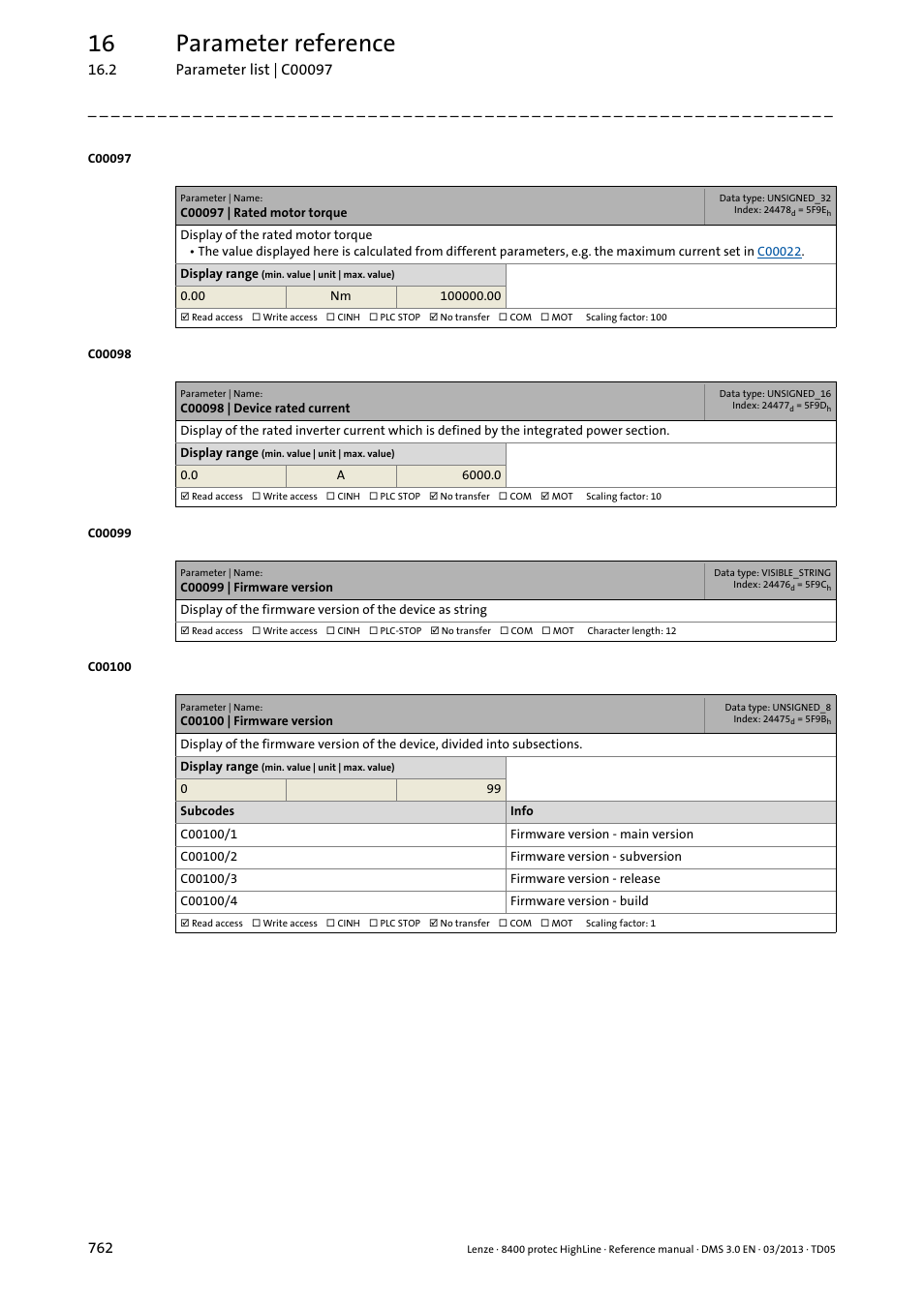 C00097 | rated motor torque, C00098 | device rated current, C00099 | firmware version | C00100 | firmware version, C00099, C00098, Ompare, 16 parameter reference | Lenze 8400 User Manual | Page 762 / 1494