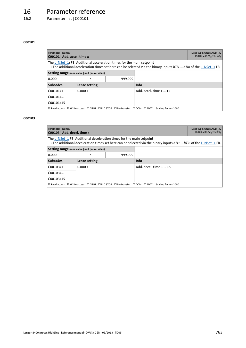 C00101 | add. accel. time x, C00103 | add. decel. time x, C00101/1 | C00103/1, 16 parameter reference | Lenze 8400 User Manual | Page 763 / 1494