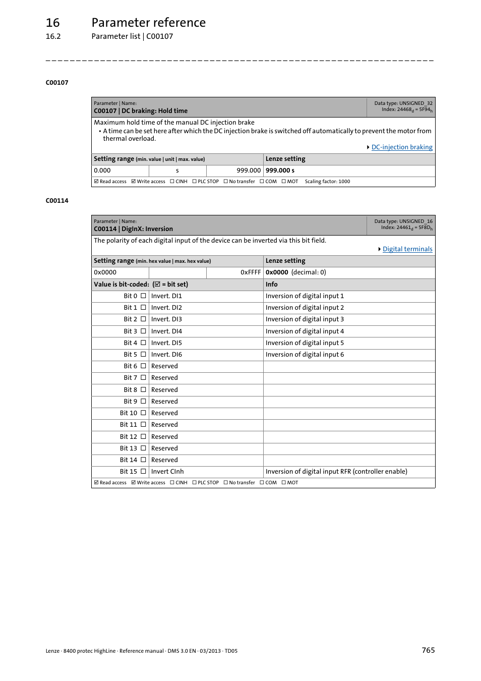 C00107 | dc braking: hold time, C00114 | diginx: inversion, C00107 | C00114, Fter the hold time, Inputs in, 16 parameter reference | Lenze 8400 User Manual | Page 765 / 1494