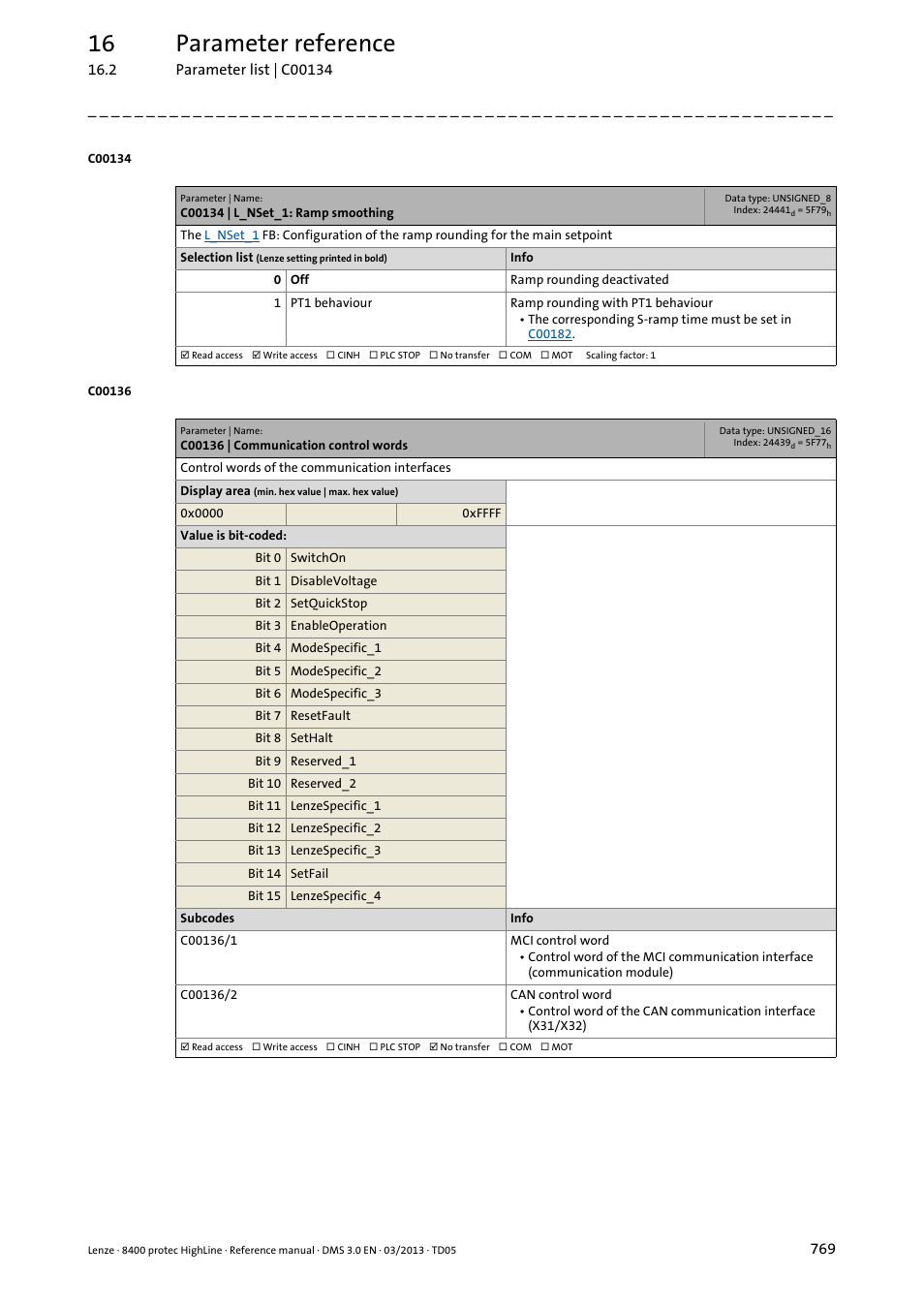 C00134 | l_nset_1: ramp smoothing, C00136 | communication control words, C00136/2 | C00136/1, C00134, 16 parameter reference | Lenze 8400 User Manual | Page 769 / 1494