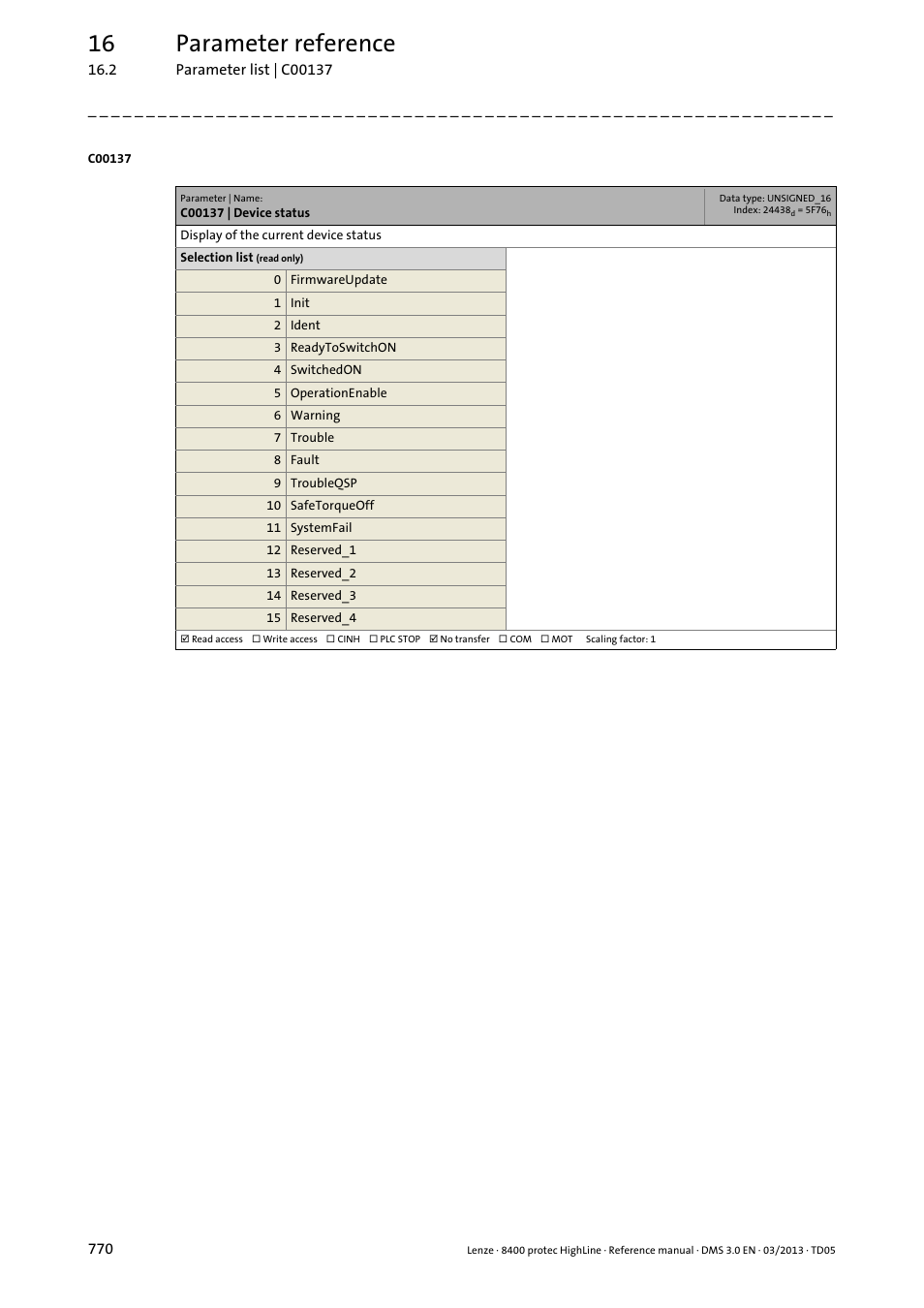 C00137 | device status, C00137, 16 parameter reference | Lenze 8400 User Manual | Page 770 / 1494