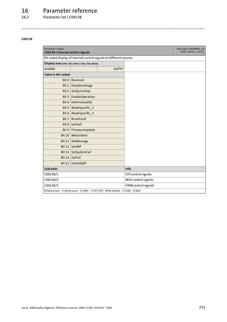 C00138 | internal control signals, C00138/1, C00138/2 | C00138/3, 16 parameter reference | Lenze 8400 User Manual | Page 771 / 1494