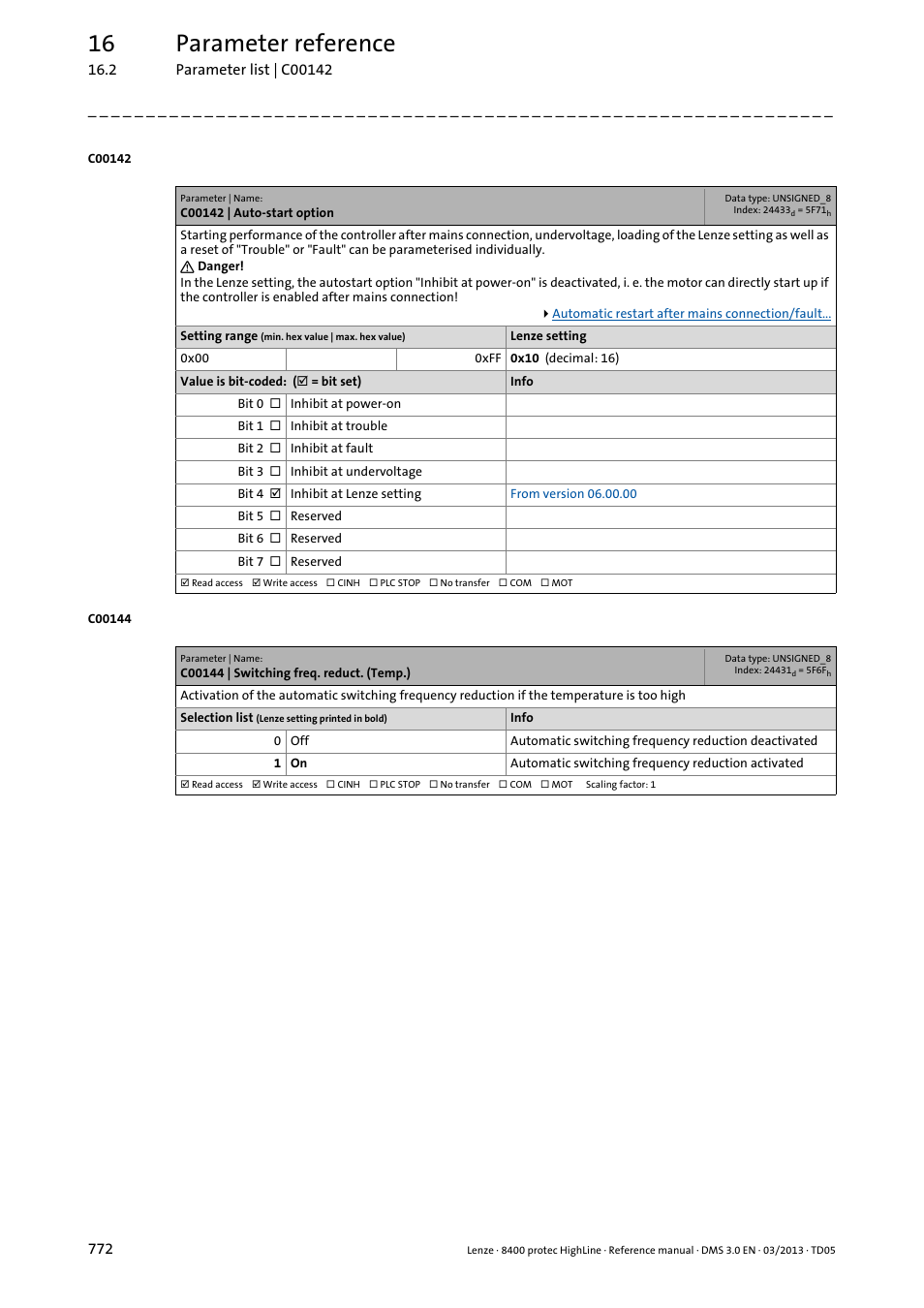 C00142 | auto-start option, C00144 | switching freq. reduct. (temp.), C00142 | Tion, Prev, C00144, Ted via, 0 in, 16 parameter reference | Lenze 8400 User Manual | Page 772 / 1494