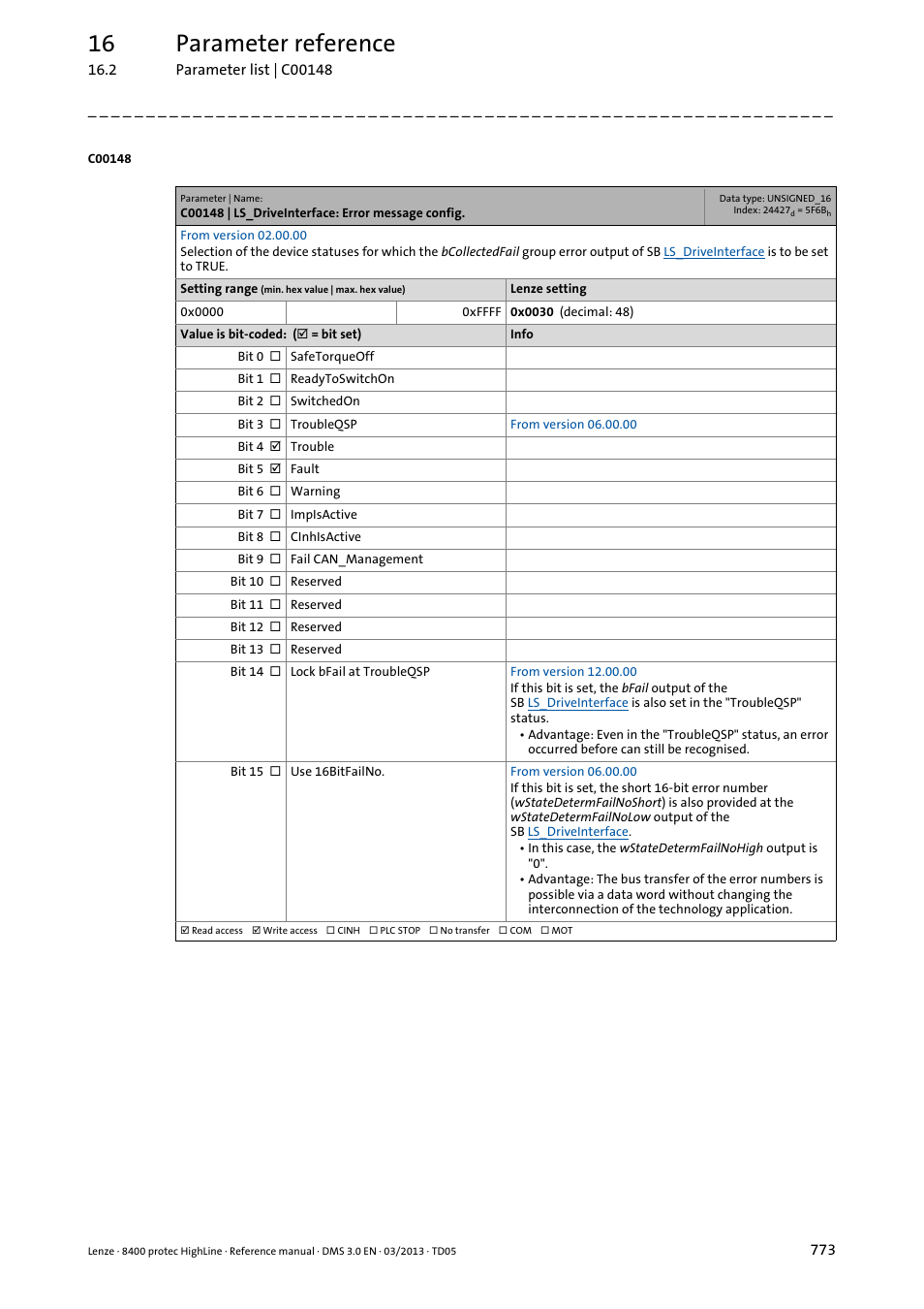 C00148 | ls_driveinterface: error message config, C00148, The short16 | 1") in, Is activated in, 16 parameter reference | Lenze 8400 User Manual | Page 773 / 1494