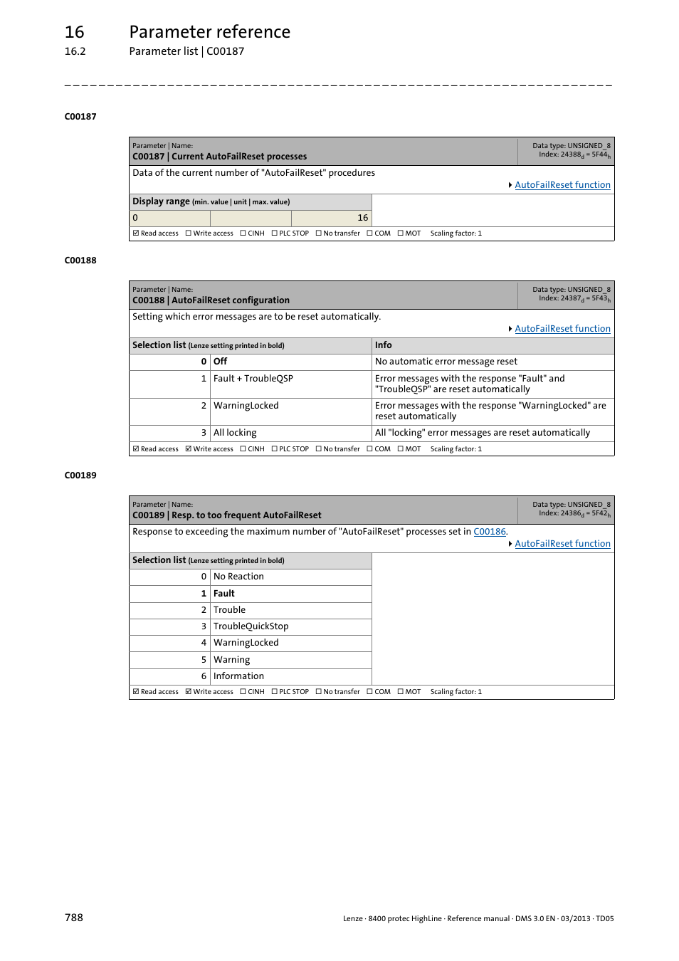 C00187 | current autofailreset processes, C00188 | autofailreset configuration, C00189 | resp. to too frequent autofailreset | C00189, C00187, C00188, 16 parameter reference | Lenze 8400 User Manual | Page 788 / 1494