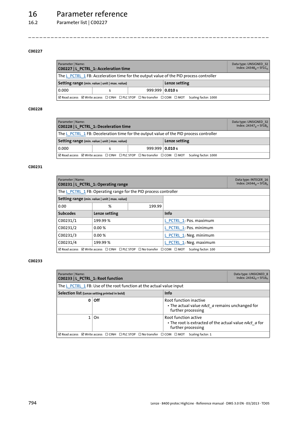 C00227 | l_pctrl_1: acceleration time, C00228 | l_pctrl_1: deceleration time, C00231 | l_pctrl_1: operating range | C00233 | l_pctrl_1: root function, C00227, C00228, C00233, 16 parameter reference | Lenze 8400 User Manual | Page 794 / 1494