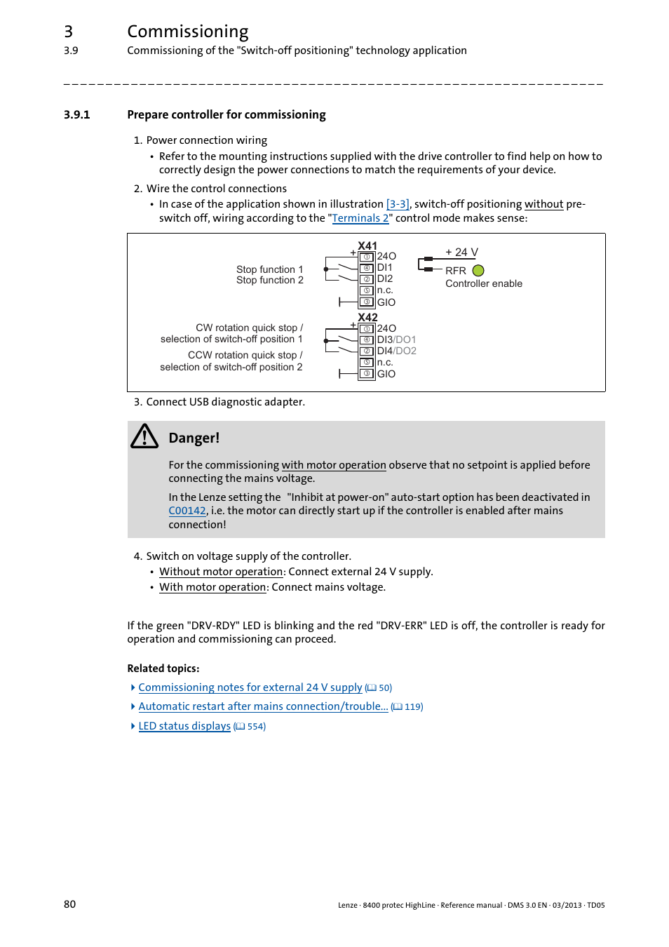 1 prepare controller for commissioning, Prepare controller for commissioning, 3commissioning | Danger | Lenze 8400 User Manual | Page 80 / 1494