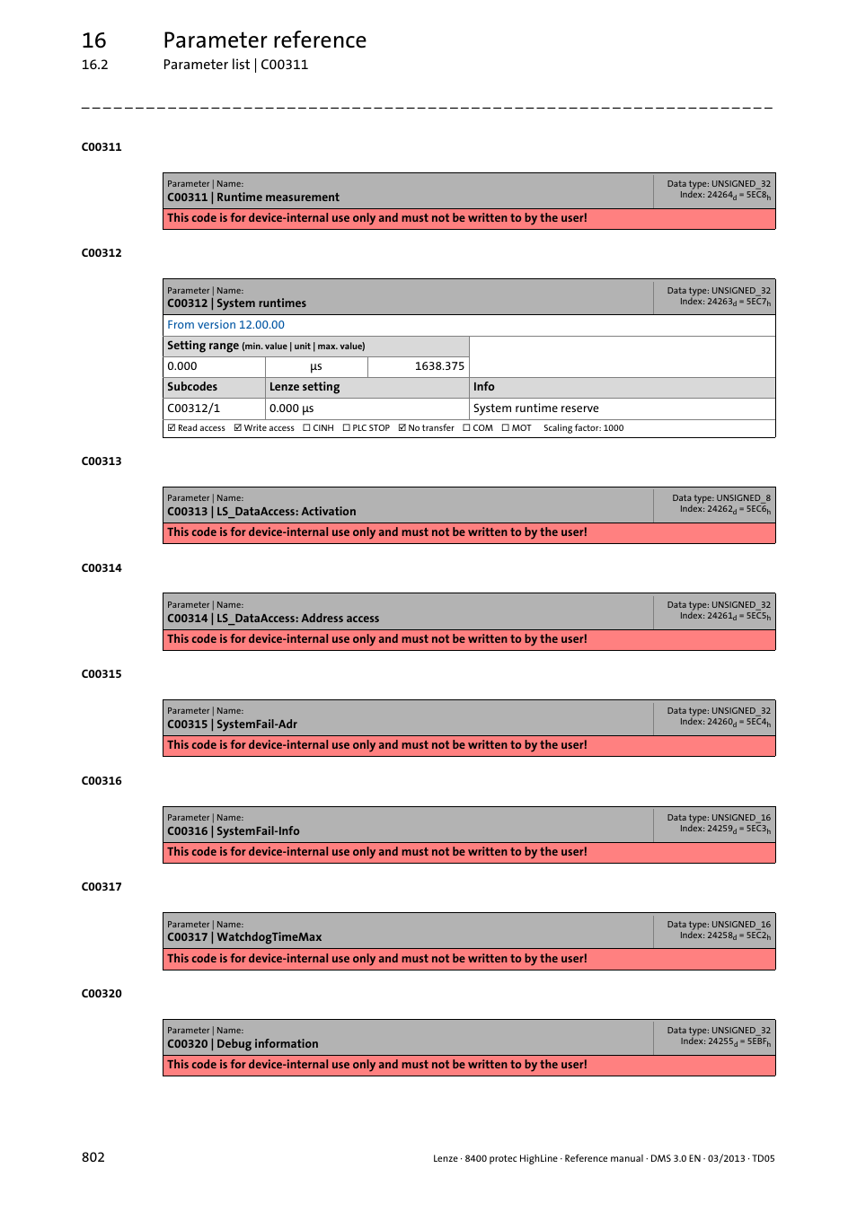C00312 | system runtimes, 16 parameter reference | Lenze 8400 User Manual | Page 802 / 1494