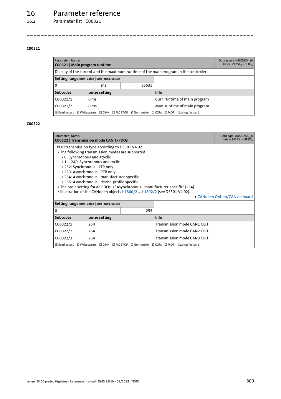 C00321 | main program runtime, C00322 | transmission mode can txpdos, C00322/1 | C00322/2, C00322/3, 16 parameter reference | Lenze 8400 User Manual | Page 803 / 1494