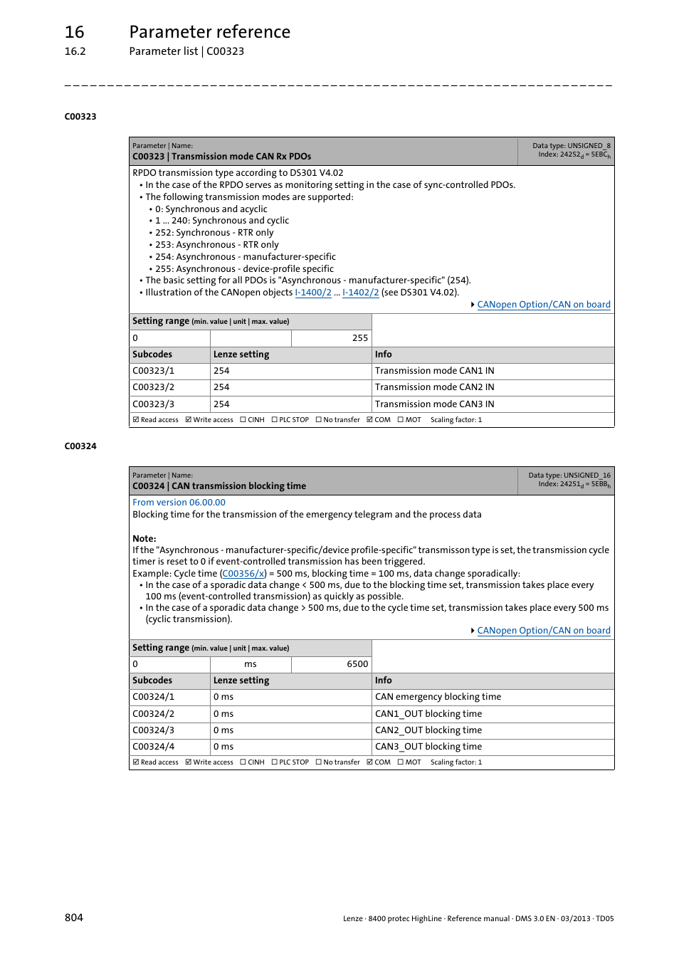 C00323 | transmission mode can rx pdos, C00324 | can transmission blocking time, C00324/x | C00324/2, C00324/3, C00324/4, C00323/1, C00323/2, C00323/3, 16 parameter reference | Lenze 8400 User Manual | Page 804 / 1494