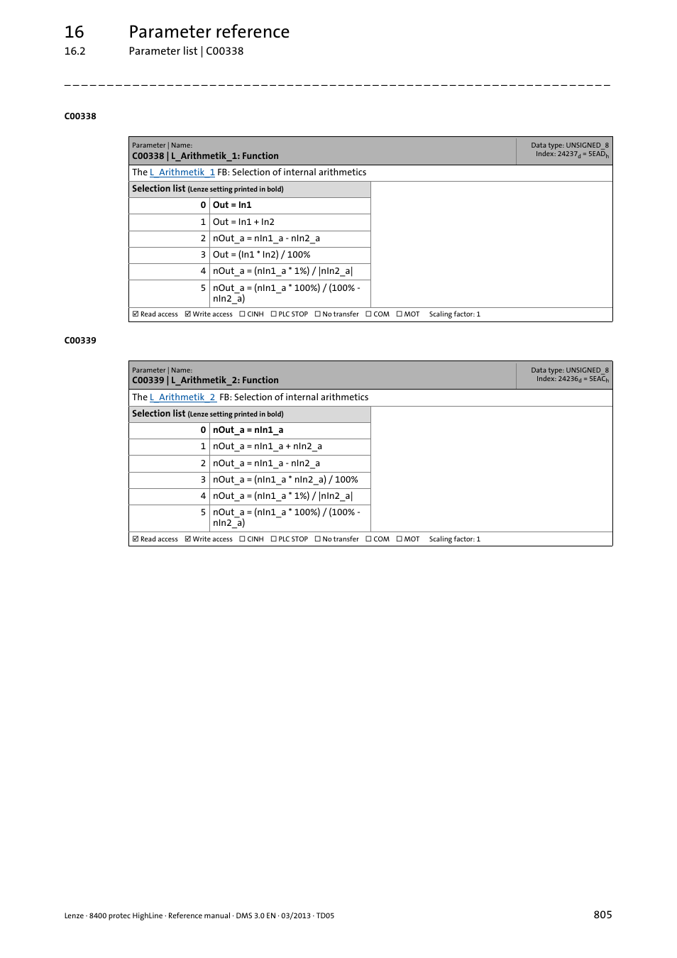 C00338 | l_arithmetik_1: function, C00339 | l_arithmetik_2: function, C00338 | 16 parameter reference | Lenze 8400 User Manual | Page 805 / 1494