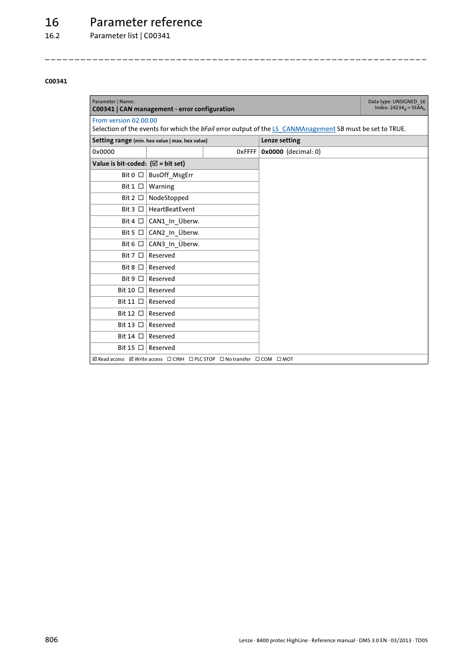 C00341 | can management - error configuration, N in, C00341 | 16 parameter reference | Lenze 8400 User Manual | Page 806 / 1494