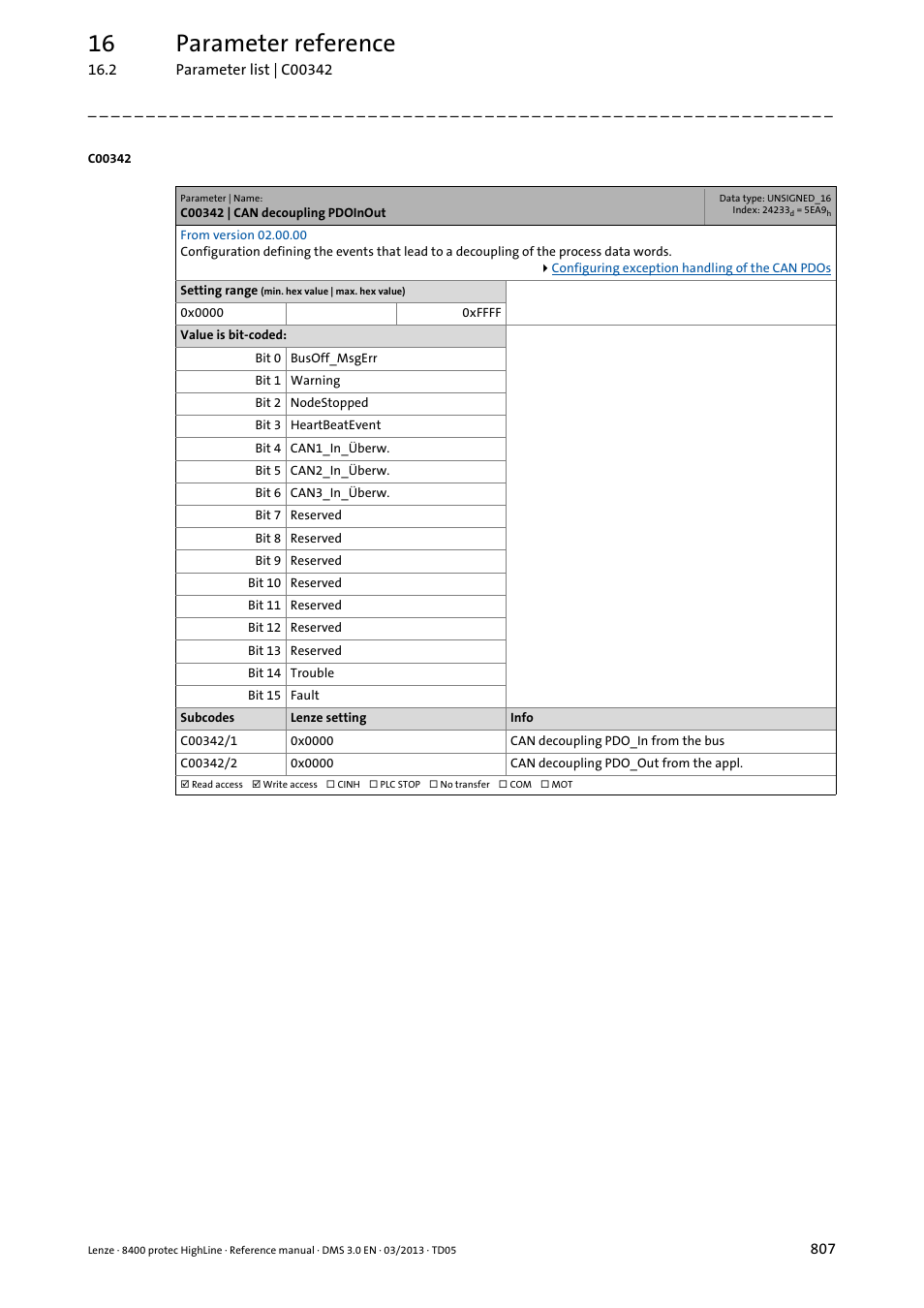 C00342 | can decoupling pdoinout, C00342/1, C00342/2 | 16 parameter reference | Lenze 8400 User Manual | Page 807 / 1494