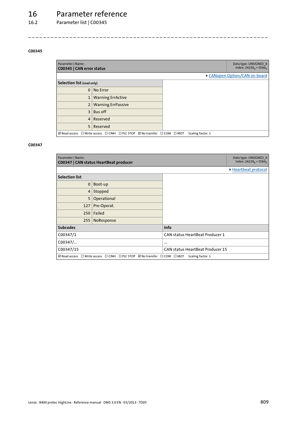 C00345 | can error status, C00347 | can status heartbeat producer, C00345 | C00347/1, C00347/1...n, 16 parameter reference | Lenze 8400 User Manual | Page 809 / 1494