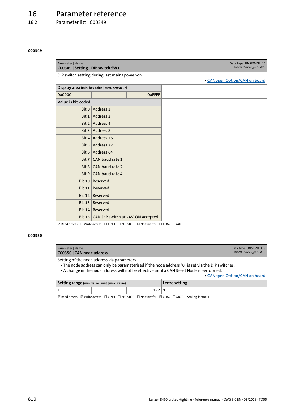 C00349 | setting - dip switch sw1, C00350 | can node address, Code | C00350, Or w, 16 parameter reference | Lenze 8400 User Manual | Page 810 / 1494