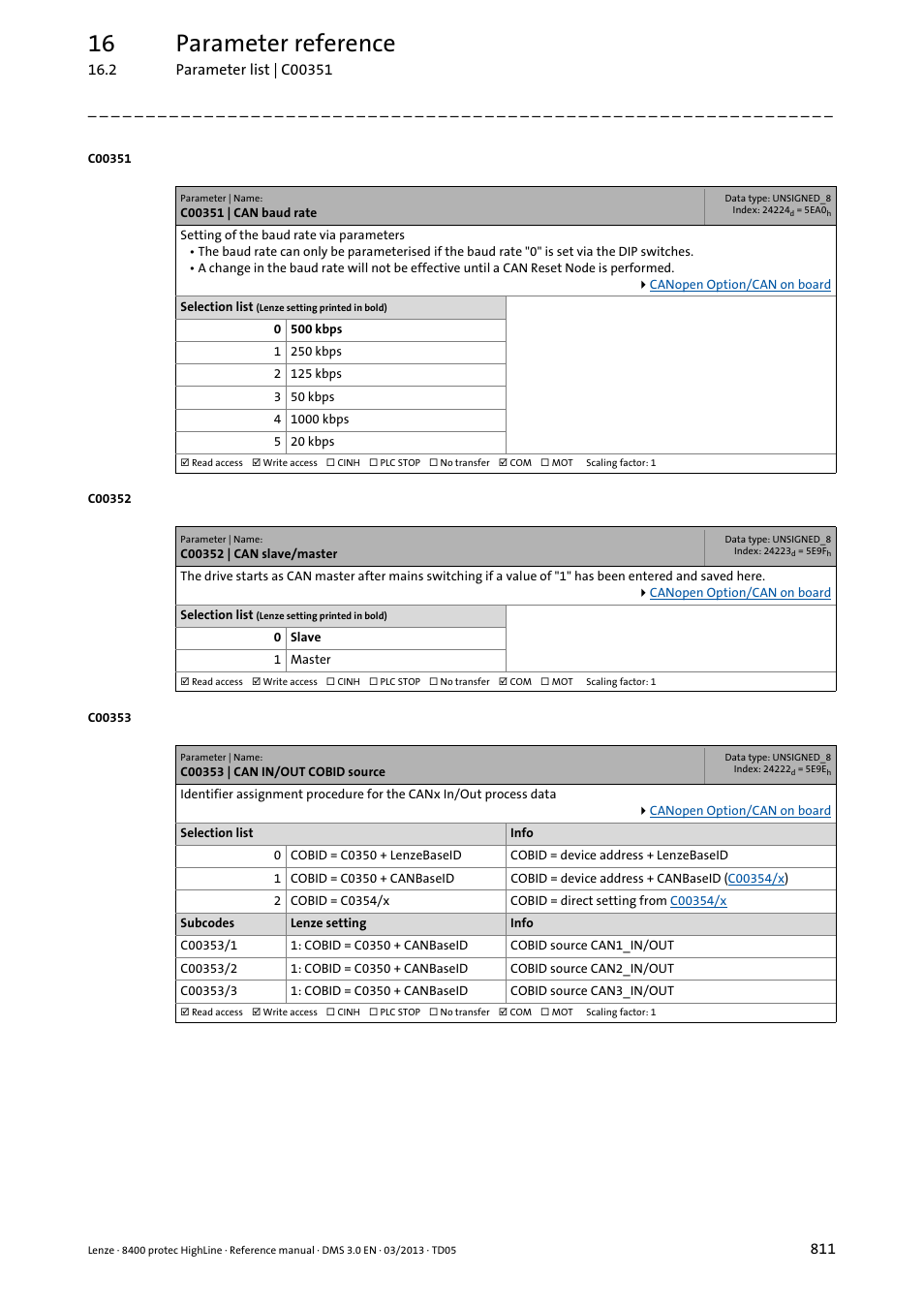 C00351 | can baud rate, C00352 | can slave/master, C00353 | can in/out cobid source | Code, C00351, Or w, Ster in, C00352, Will, C00353 | Lenze 8400 User Manual | Page 811 / 1494