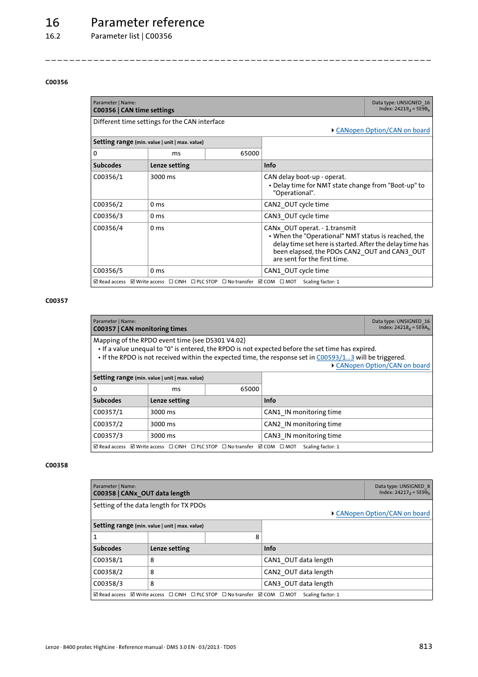 C00356 | can time settings, C00357 | can monitoring times, C00358 | canx_out data length | C00357/1, C00357/2, C00357/3, C00357/4, C00356/1, C00356/5, C00358/1 | Lenze 8400 User Manual | Page 813 / 1494