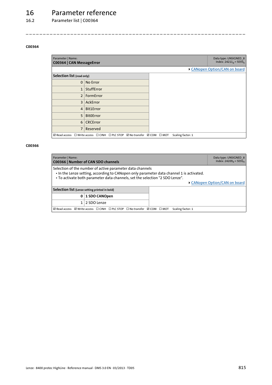 C00364 | can messageerror, C00366 | number of can sdo channels, T in | C00366, 16 parameter reference | Lenze 8400 User Manual | Page 815 / 1494