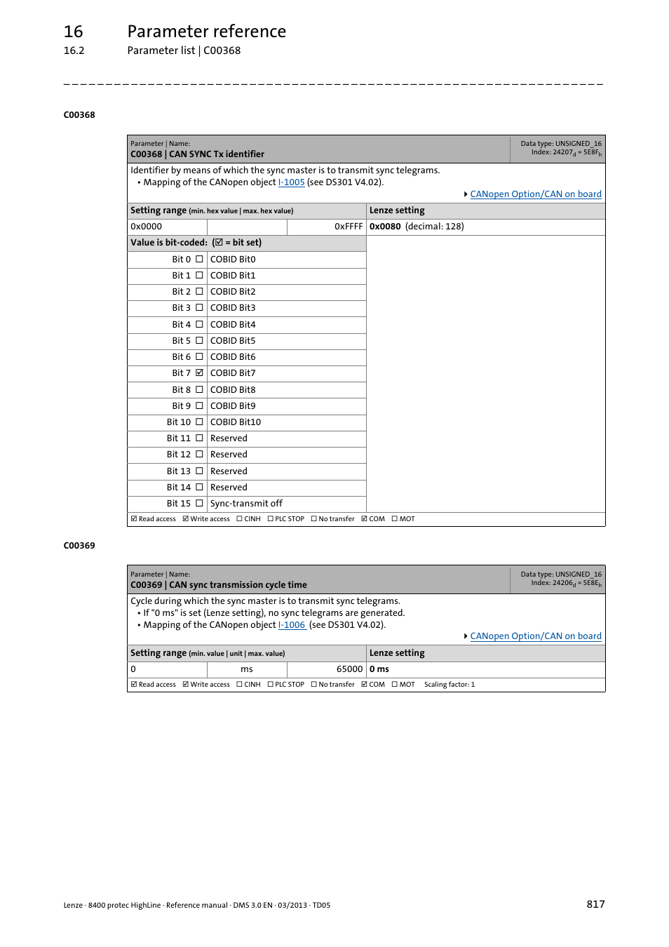 C00368 | can sync tx identifier, C00369 | can sync transmission cycle time, C00368 | C00369, 16 parameter reference | Lenze 8400 User Manual | Page 817 / 1494