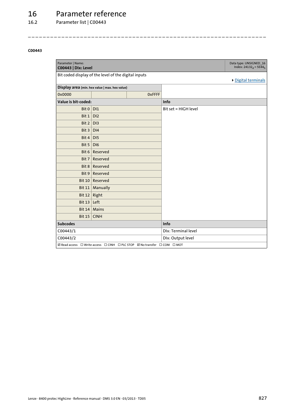 C00443 | dix: level, C00443/1, C00443/2 | 16 parameter reference | Lenze 8400 User Manual | Page 827 / 1494