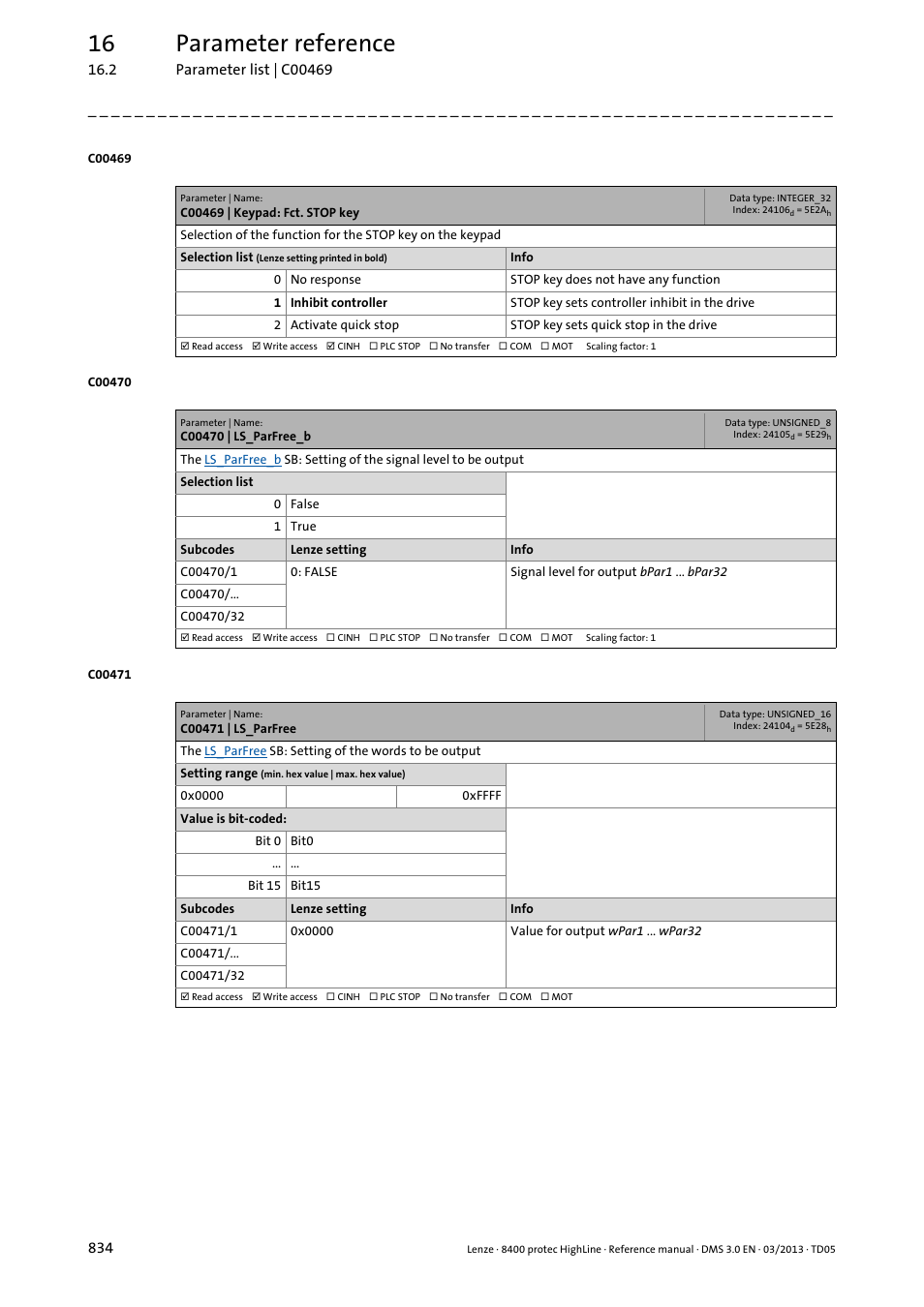 C00469 | keypad: fct. stop key, C00470 | ls_parfree_b, C00471 | ls_parfree | C00469, 16 parameter reference | Lenze 8400 User Manual | Page 834 / 1494