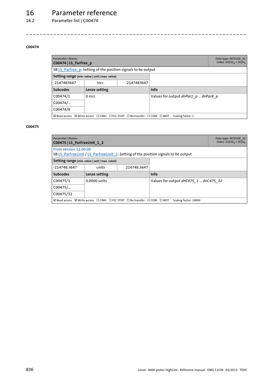 C00474 | ls_parfree_p, C00475 | ls_parfreeunit_1_2, 16 parameter reference | Lenze 8400 User Manual | Page 836 / 1494