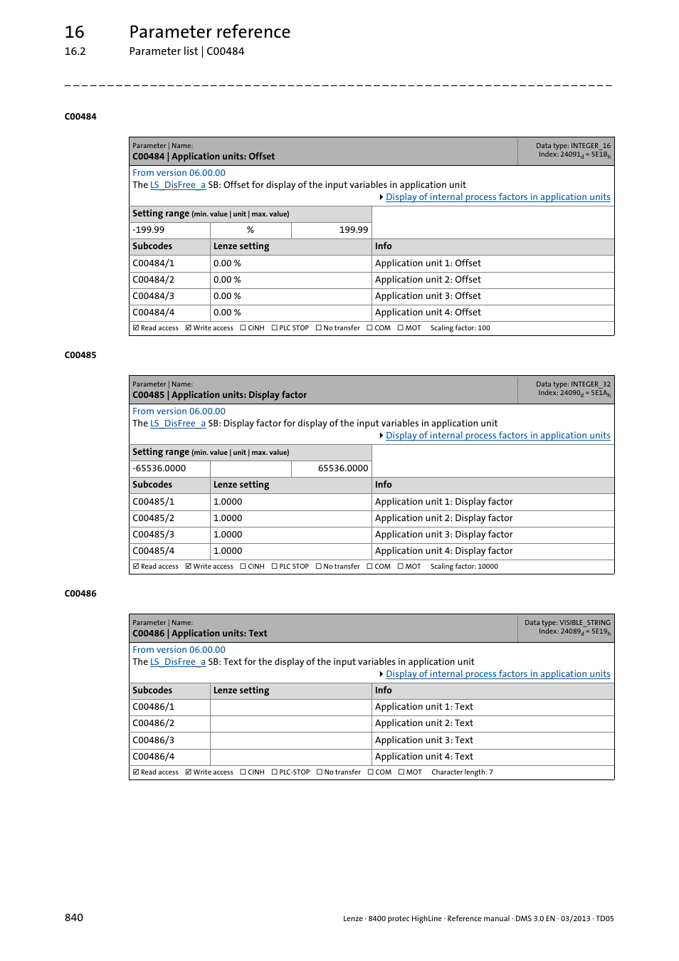 C00484 | application units: offset, C00485 | application units: display factor, C00486 | application units: text | 16 parameter reference | Lenze 8400 User Manual | Page 840 / 1494