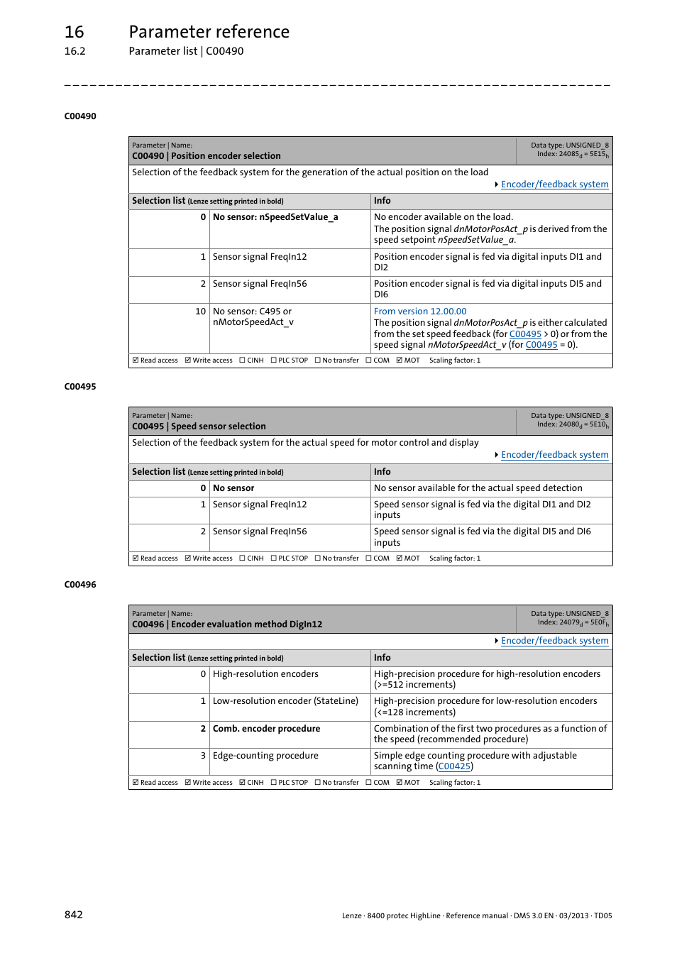 C00490 | position encoder selection, C00495 | speed sensor selection, C00496 | encoder evaluation method digin12 | C00490, Select "encoder, C00495, C00496, In12" in, C00495/1, Selected in | Lenze 8400 User Manual | Page 842 / 1494