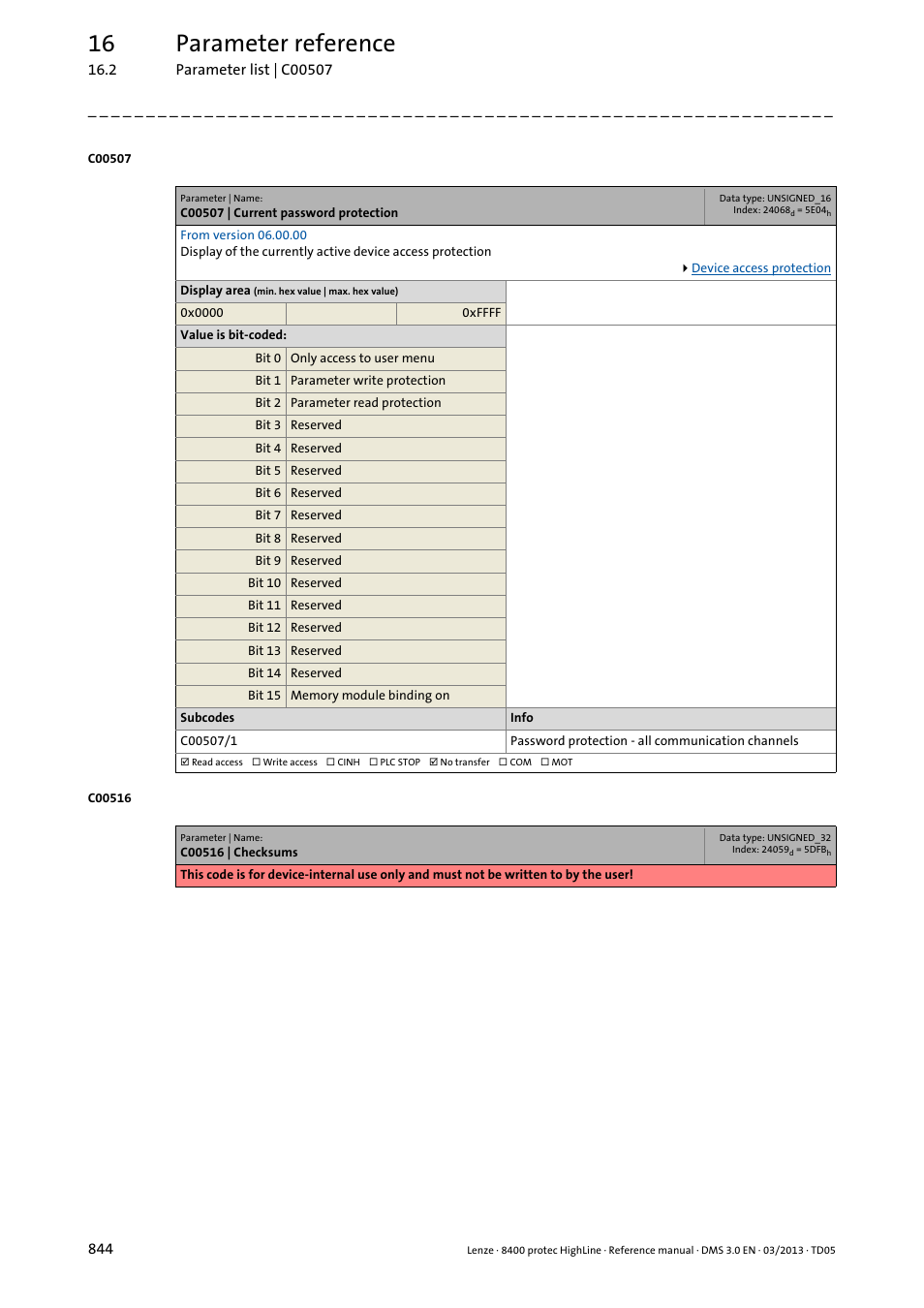 C00507 | current password protection, C00507/1, 16 parameter reference | Lenze 8400 User Manual | Page 844 / 1494