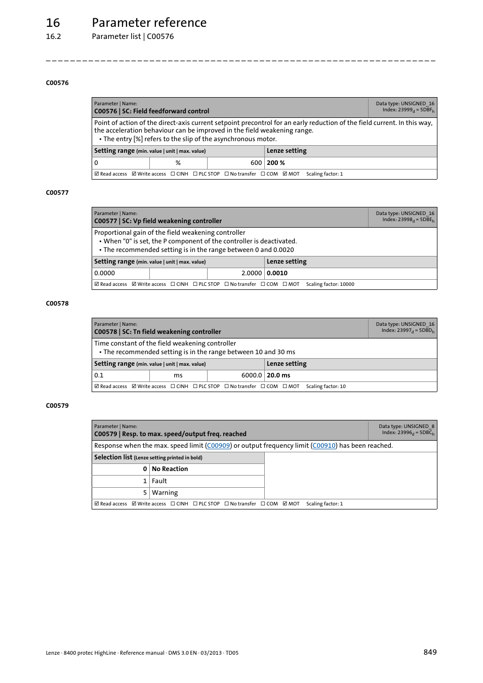 C00576 | sc: field feedforward control, C00577 | sc: vp field weakening controller, C00578 | sc: tn field weakening controller | C00579 | resp. to max. speed/output freq. reached, C00577, C00578, C00576, Thus, more, C00579, 16 parameter reference | Lenze 8400 User Manual | Page 849 / 1494