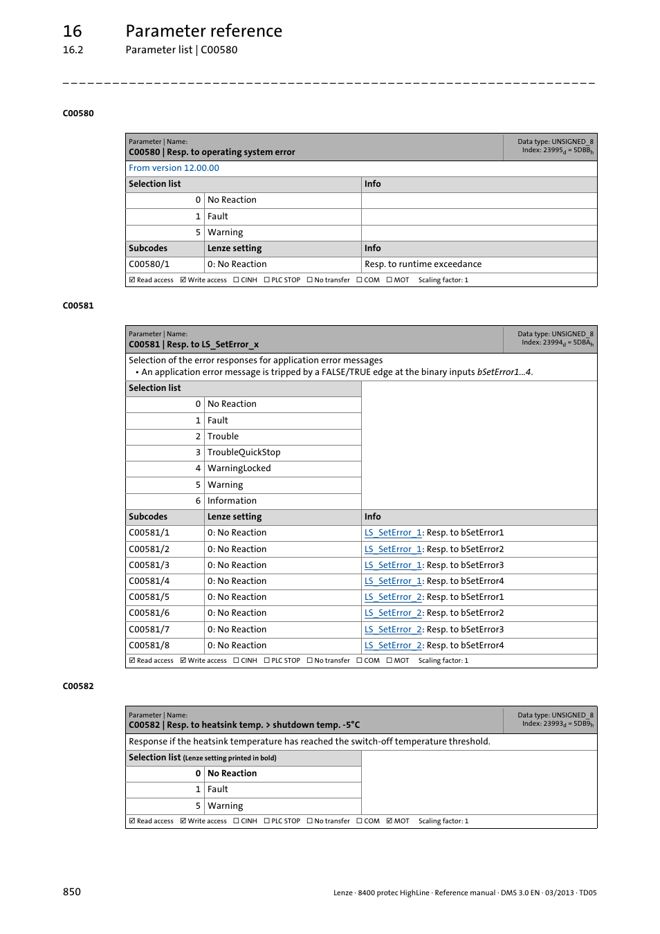 C00580 | resp. to operating system error, C00581 | resp. to ls_seterror_x, C00582 | In the lenze setting, no, C00581/1, C00581/2, C00581/3, C00581/4, C00581/5, C00581/6 | Lenze 8400 User Manual | Page 850 / 1494