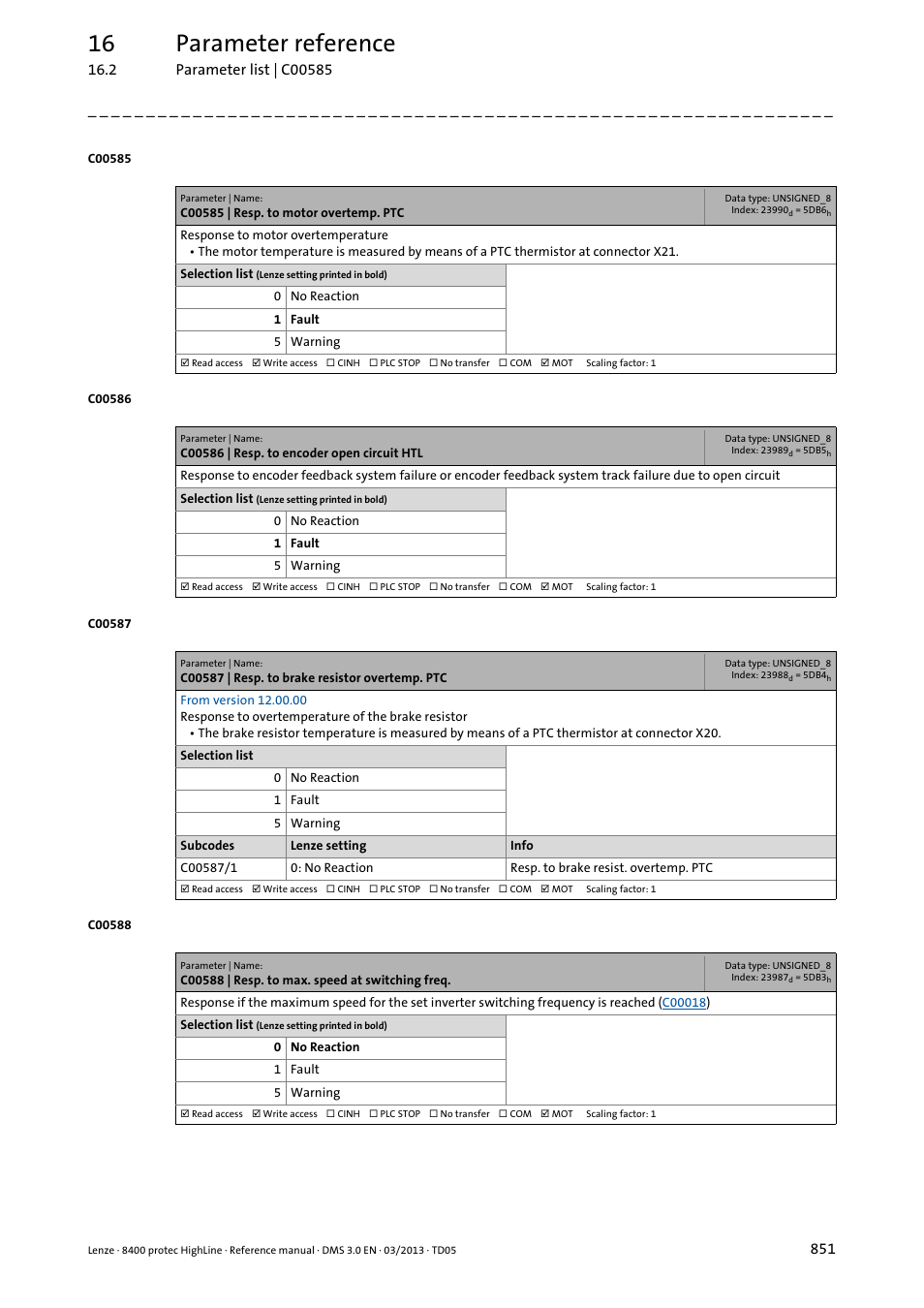 C00585 | resp. to motor overtemp. ptc, C00586 | resp. to encoder open circuit htl, C00587 | resp. to brake resistor overtemp. ptc | C00588 | resp. to max. speed at switching freq, C00586, C00585, Is activated, Tting, Fault"), mo, C00588 | Lenze 8400 User Manual | Page 851 / 1494