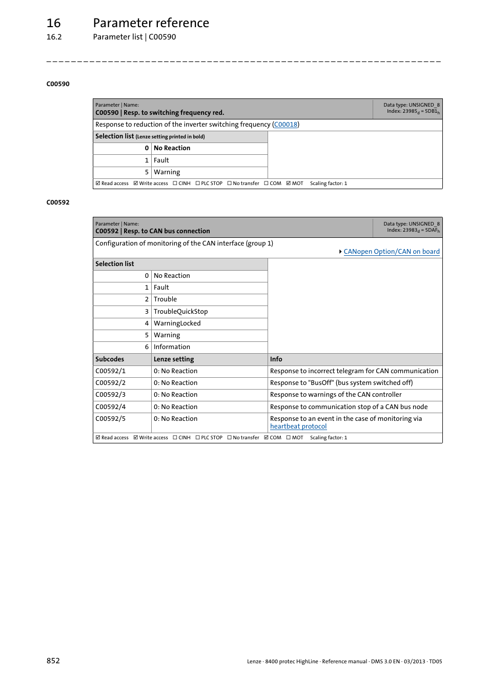 C00590 | resp. to switching frequency red, C00592 | resp. to can bus connection, C00592/1 | C00592/3, C00592/4, C00592/5, C00592/2, C00590, Which, 16 parameter reference | Lenze 8400 User Manual | Page 852 / 1494