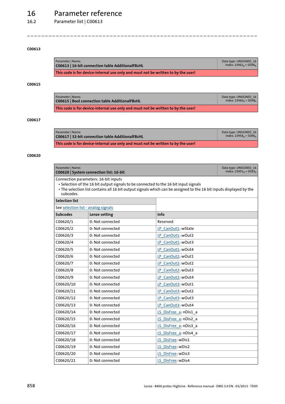 C00620 | system connection list: 16-bit, C00620, 16 parameter reference | Lenze 8400 User Manual | Page 858 / 1494