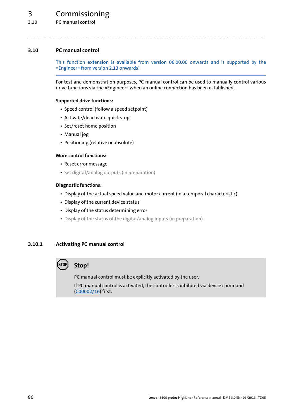 10 pc manual control, 1 activating pc manual control, Activating pc manual control | 3commissioning | Lenze 8400 User Manual | Page 86 / 1494