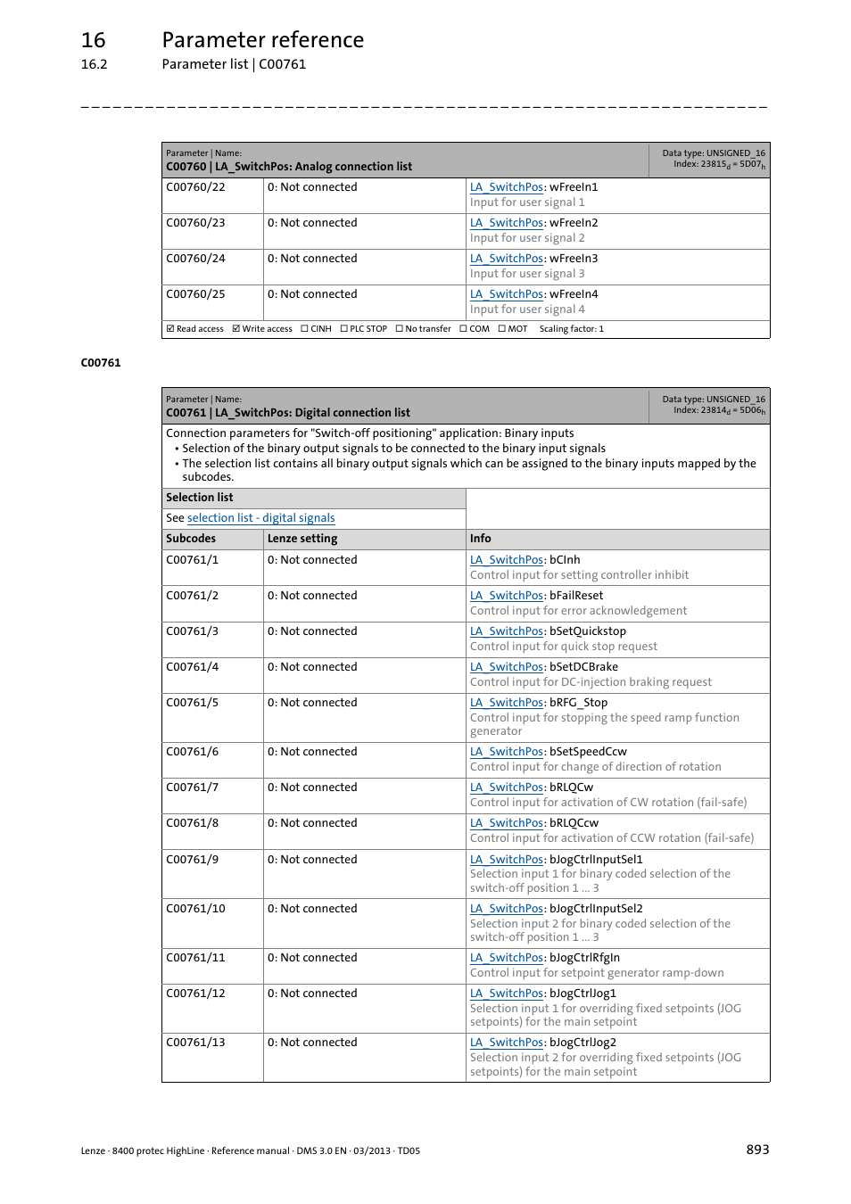 C00761 | la_switchpos: digital connection list, C00761/x, 16 parameter reference | Lenze 8400 User Manual | Page 893 / 1494