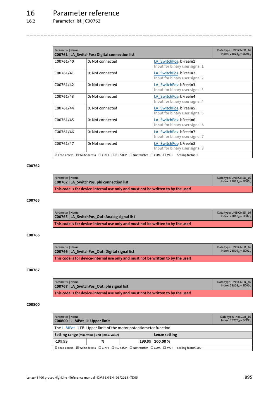 C00800 | l_mpot_1: upper limit, Lue set in, C00800 | 16 parameter reference | Lenze 8400 User Manual | Page 895 / 1494