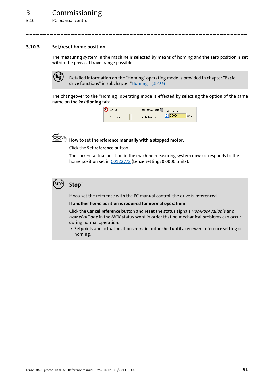 3 set/reset home position, Set/reset home position, 3commissioning | Lenze 8400 User Manual | Page 91 / 1494