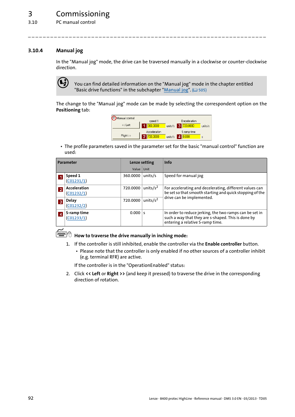 4 manual jog, Manual jog, 3commissioning | Lenze 8400 User Manual | Page 92 / 1494
