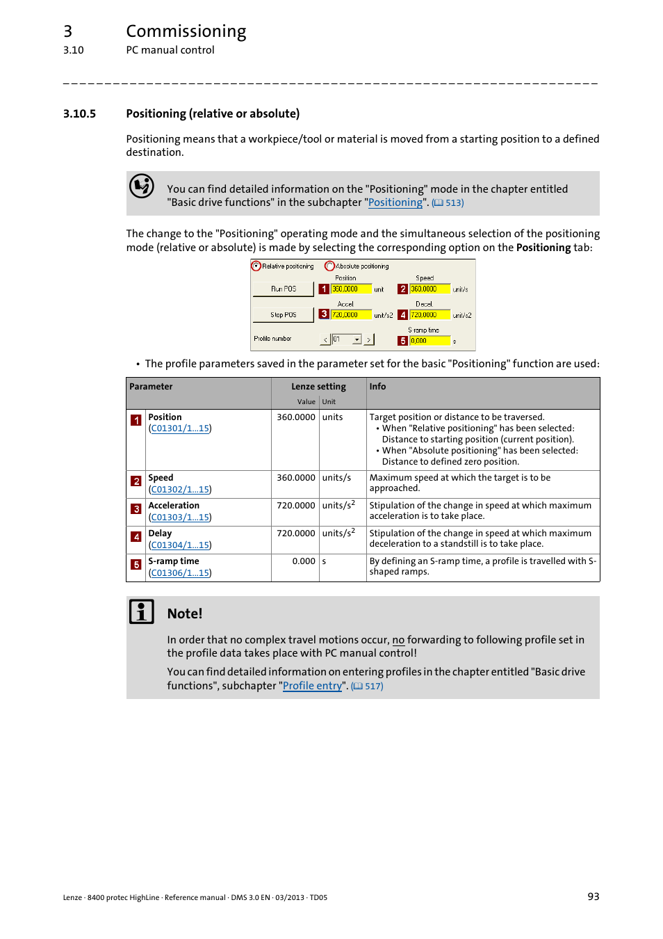 5 positioning (relative or absolute), Positioning (relative or absolute), 3commissioning | Lenze 8400 User Manual | Page 93 / 1494