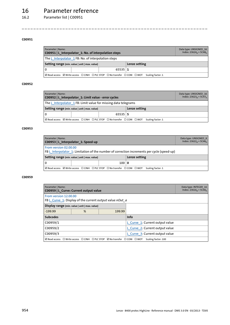 C00953 | l_interpolator_1: speed-up, C00959 | l_curve: current output value, 16 parameter reference | Lenze 8400 User Manual | Page 954 / 1494