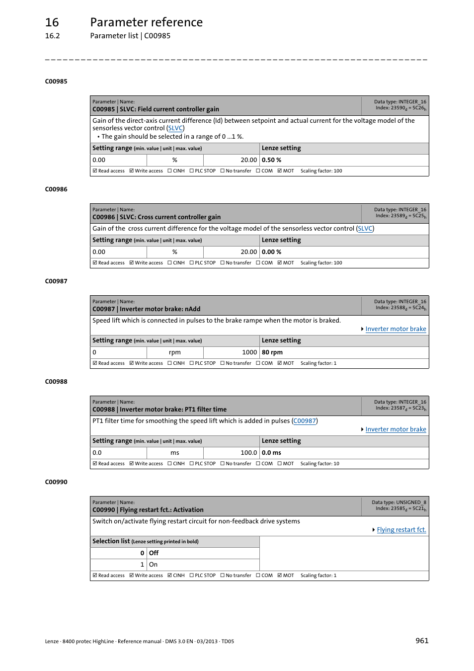 C00985 | slvc: field current controller gain, C00986 | slvc: cross current controller gain, C00987 | inverter motor brake: nadd | C00988 | inverter motor brake: pt1 filter time, C00990 | flying restart fct.: activation, Tivated in, C00990, The flying r, C00985, C00986 | Lenze 8400 User Manual | Page 961 / 1494