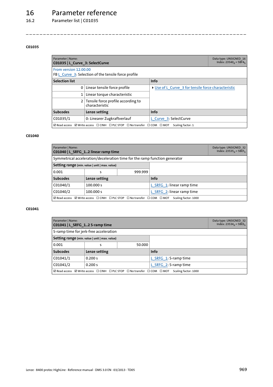 C01035 | l_curve_3: selectcurve, C01040 | l_srfg_1 linear ramp time, C01041 | l_srfg_1 s-ramp time | 16 parameter reference | Lenze 8400 User Manual | Page 969 / 1494