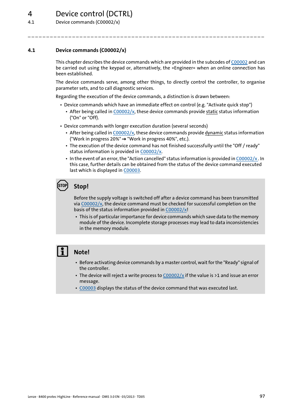 1 device commands (c00002/x), Device commands (c00002/x), 4device control (dctrl) | Lenze 8400 User Manual | Page 97 / 1494