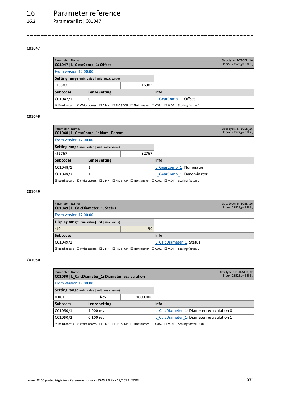 C01047 | l_gearcomp_1: offset, C01048 | l_gearcomp_1: num_denom, C01049 | l_calcdiameter_1: status | C01050 | l_calcdiameter_1: diameter recalculation, 16 parameter reference | Lenze 8400 User Manual | Page 971 / 1494