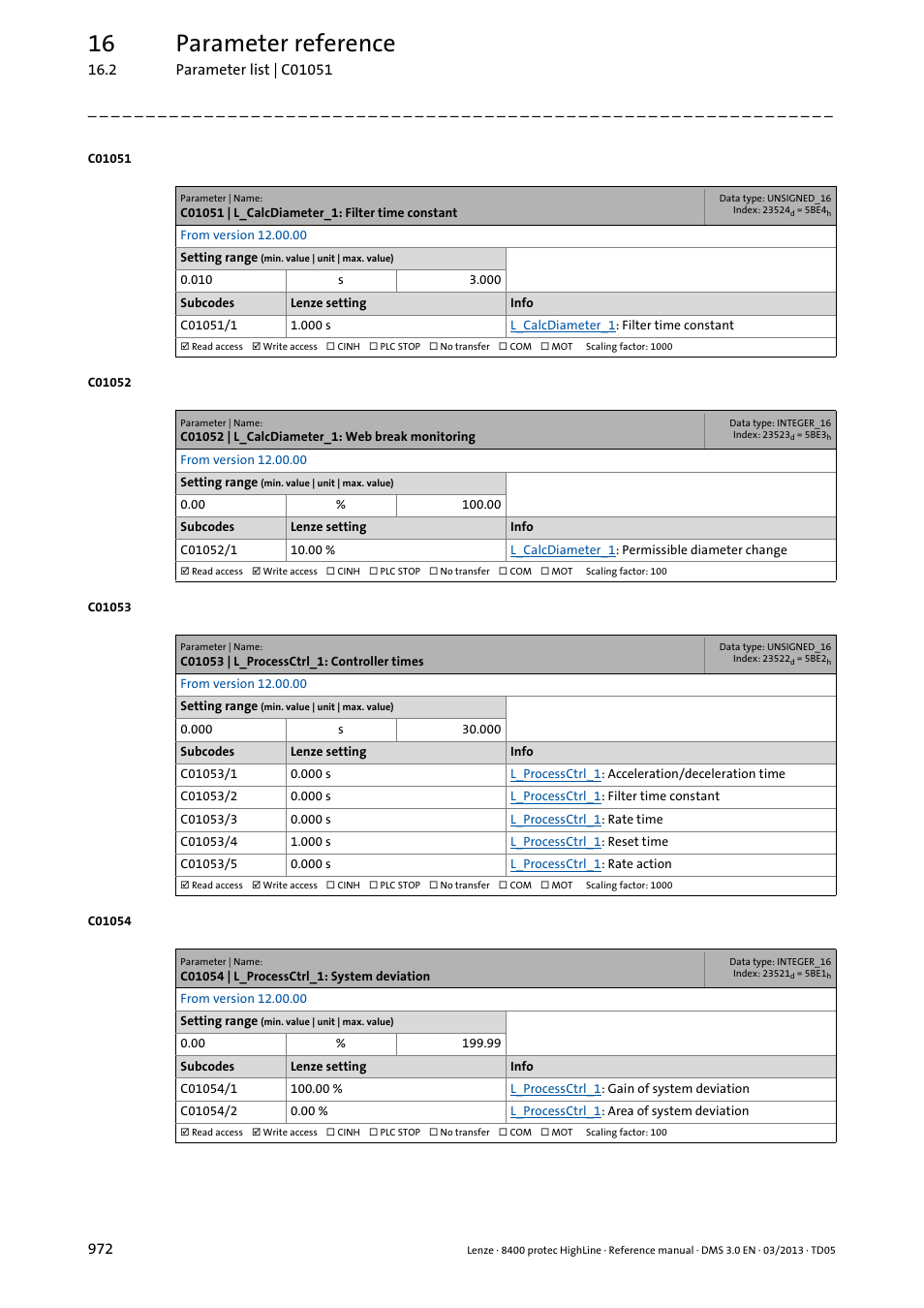 C01051 | l_calcdiameter_1: filter time constant, C01052 | l_calcdiameter_1: web break monitoring, C01053 | l_processctrl_1: controller times | C01054 | l_processctrl_1: system deviation, 16 parameter reference | Lenze 8400 User Manual | Page 972 / 1494