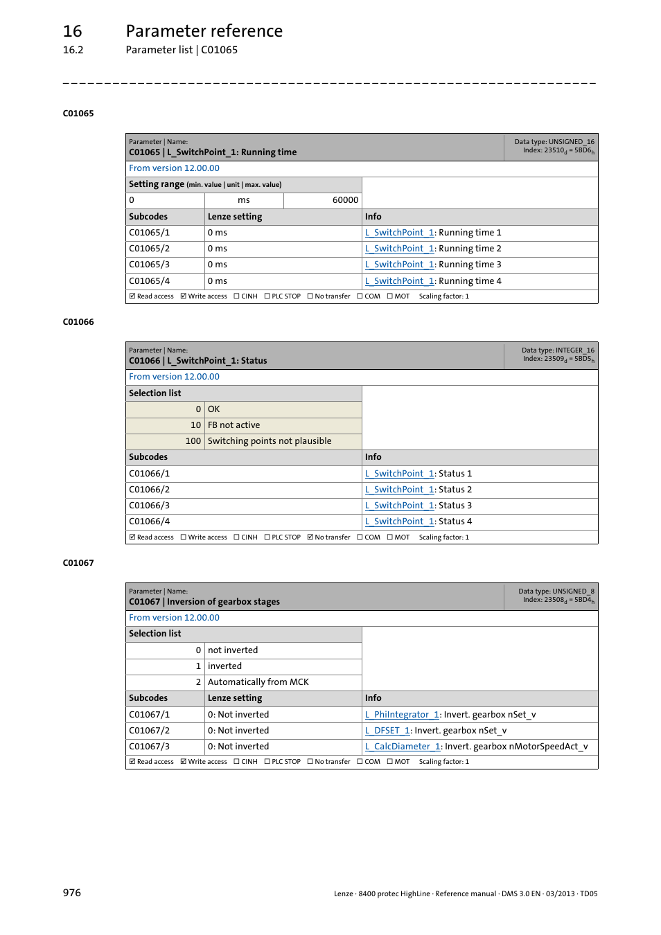 C01065 | l_switchpoint_1: running time, C01066 | l_switchpoint_1: status, C01067 | inversion of gearbox stages | C01067/1, 16 parameter reference | Lenze 8400 User Manual | Page 976 / 1494