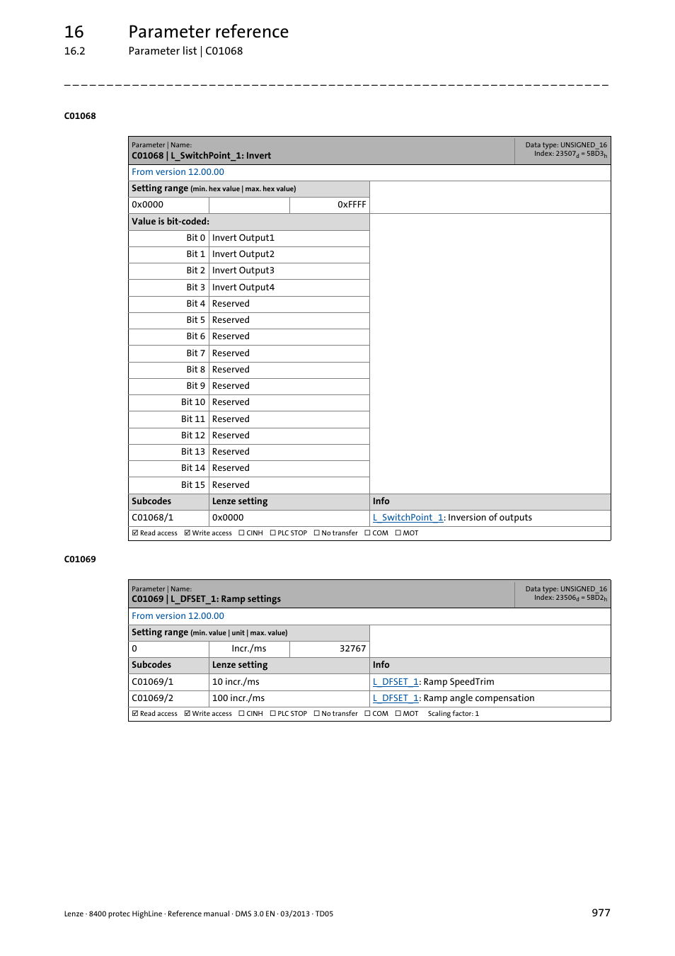 C01068 | l_switchpoint_1: invert, C01069 | l_dfset_1: ramp settings, 16 parameter reference | Lenze 8400 User Manual | Page 977 / 1494