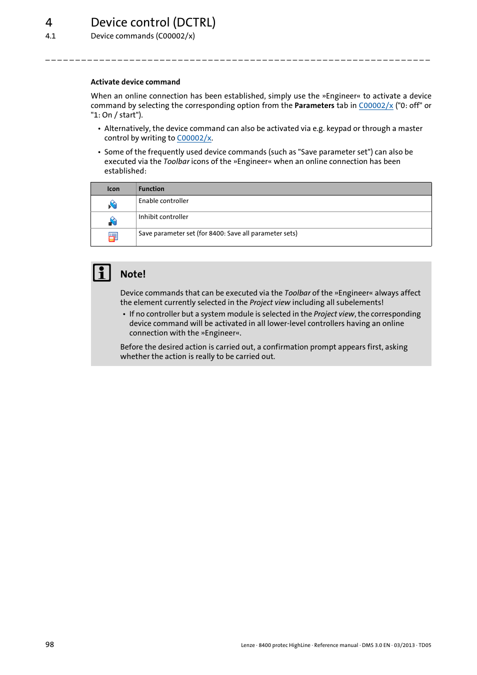 4device control (dctrl) | Lenze 8400 User Manual | Page 98 / 1494